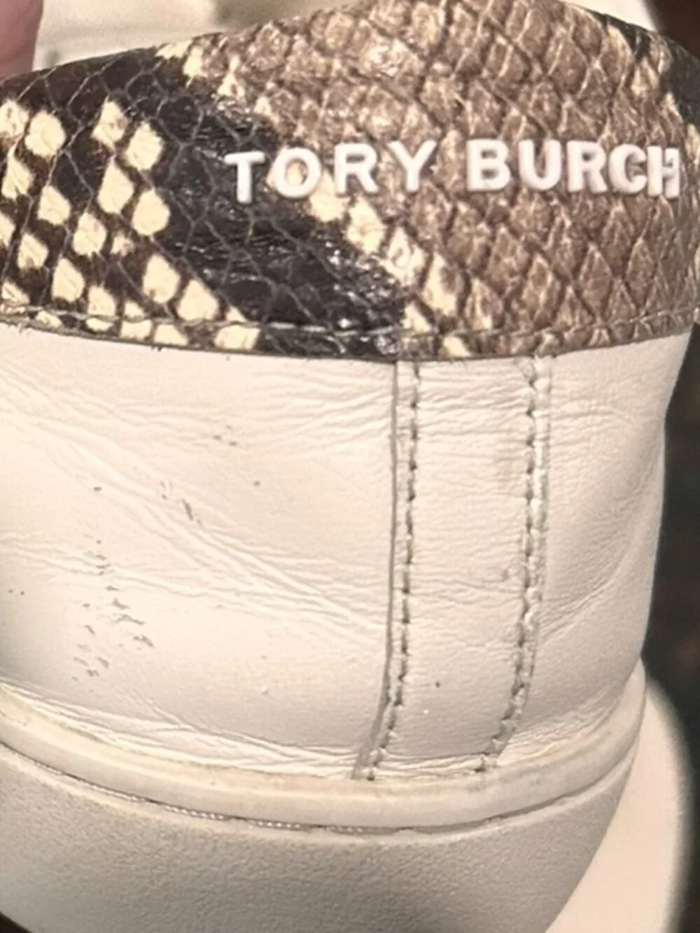EUC Tory Burch Leigh Logo Sneakers White Leather Snake Trim Designer Low-Top